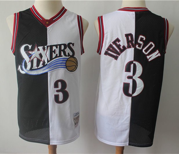 Mens Philadelphia 76ers #3 Allen Iverson 1996-97 Black White Split Mitchell & Ness Hardwood Classic Jersey