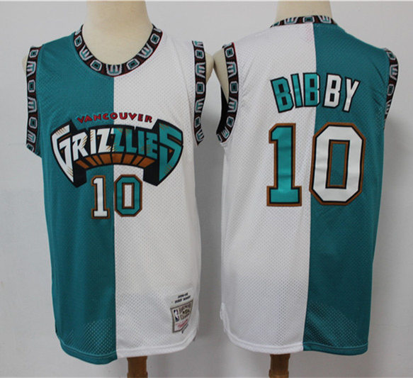 Mens Memphis Grizzlies #10 Mike Bibby Green White Split Mitchell & Ness Hardwood Classic Jersey