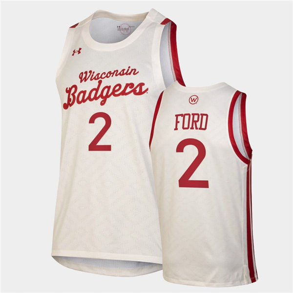 Mens Wisconsin Badgers #2 Aleem Ford Under Armour White Retro College Basketball Jersey