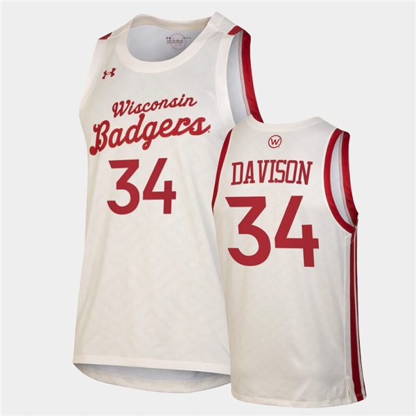 Mens Wisconsin Badgers #34 Brad Davison Under Armour White Retro College Basketball Jersey
