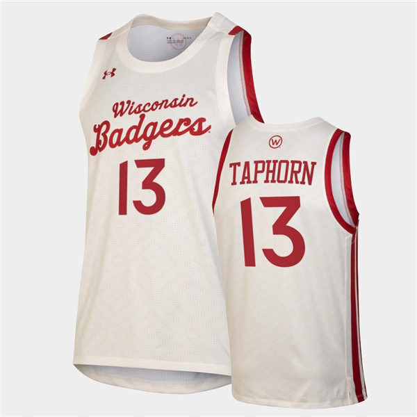 Mens Wisconsin Badgers #13 Justin Taphorn Under Armour White Retro College Basketball Jersey
