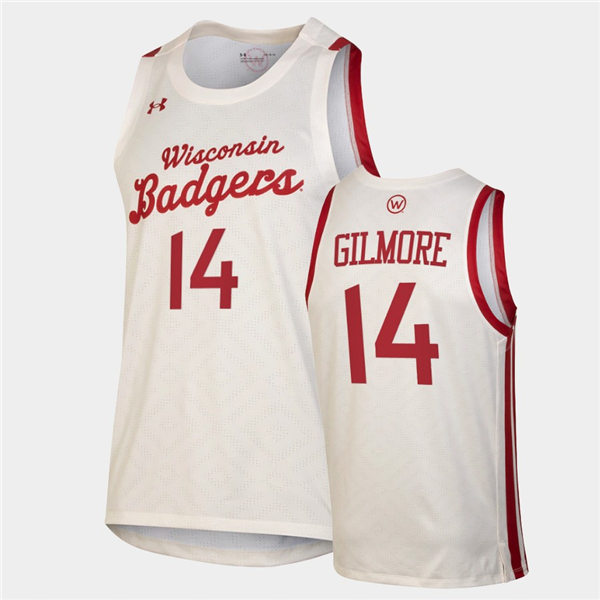 Mens Wisconsin Badgers #14 Carter Gilmore Under Armour White Retro College Basketball Jersey