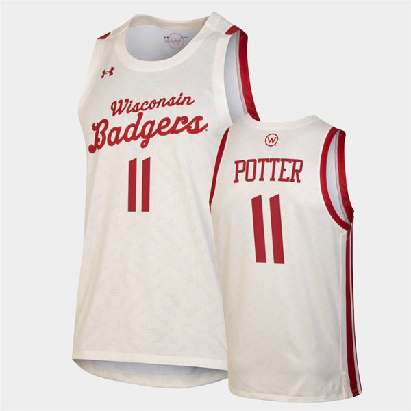 Mens Wisconsin Badgers #11 Micah Potter Under Armour White Retro College Basketball Jersey