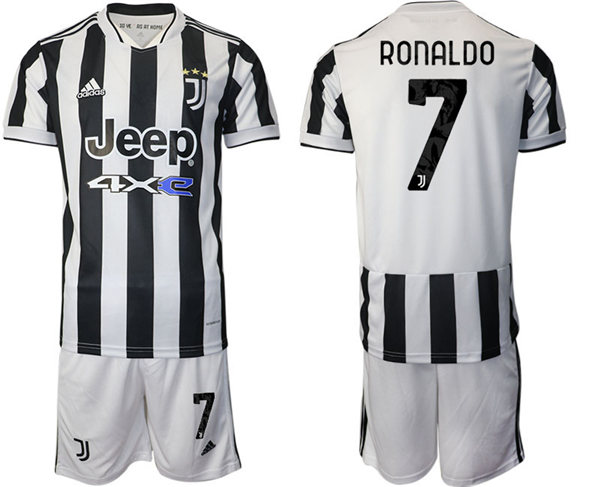 Mens Juventus #7 Cristiano Ronaldo 2021 White Black Home Soccer Jersey kit