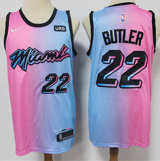 Mens Miami Heat #22 Jimmy Butler Pink Blue Nike 2020-21 Miami City Edition Jersey