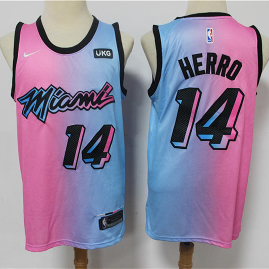 Mens Miami Heat #14 Tyler Herro Pink Blue Nike 2020-21 Miami City Edition Jersey