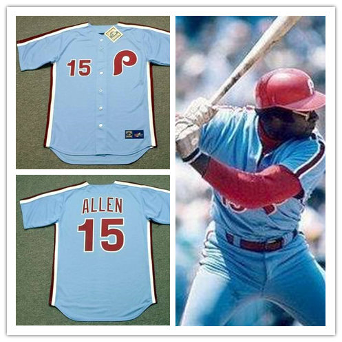 Mens Philadelphia Phillies #15 Dick Allen Away Blue 1975 Majestic Cooperstown Throwback Baseball Jersey