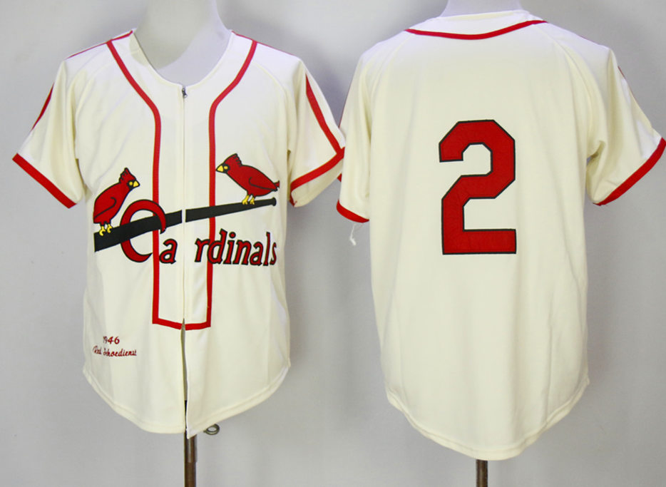 Mens St. Louis Cardinals #2 Red Schoendienst 1946 Cream Zipper Mitchell & Ness Throwback Jersey