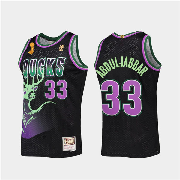 Mens Milwaukee Bucks #33 Kareem Abdul-Jabbar Mitchell & Ness Black HWC Reload 2X NBA Finals Champions Jersey 