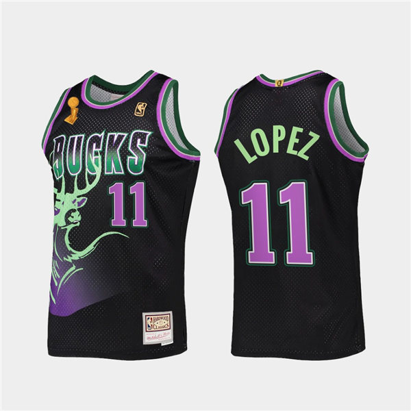 Mens Milwaukee Bucks #11 Brook Lopez Mitchell & Ness Black HWC Reload 2X NBA Finals Champions Jersey 