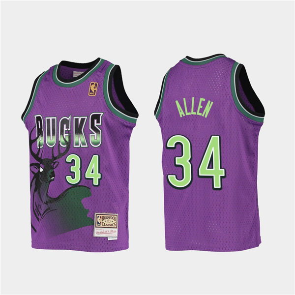 Mens Milwaukee Bucks #34 Ray Allen Mitchell & Ness Purple Reload Hardwood Classics Jersey 