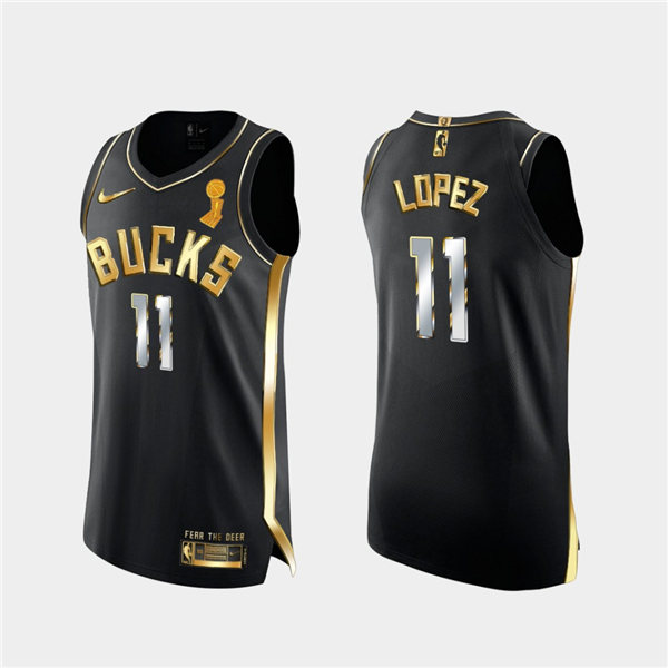 Mens Milwaukee Bucks #11 Brook Lopez Black Golden Edition 2021 NBA Finals Champions Jersey