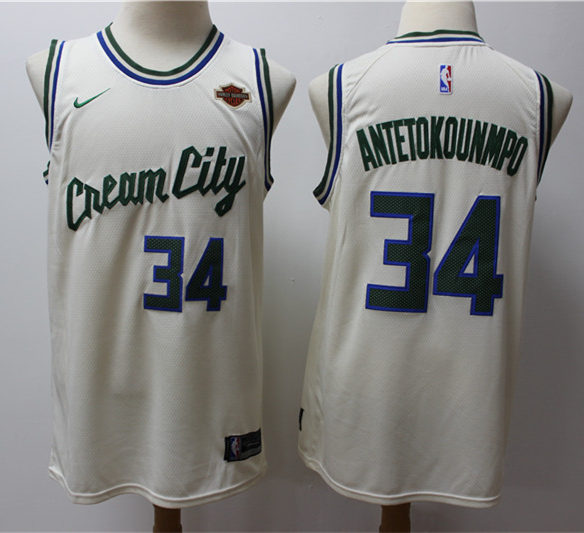 Mens Milwaukee Bucks #34 Giannis Antetokounmpo Cream Nike 2019-20 Milwaukee City Edition Jersey