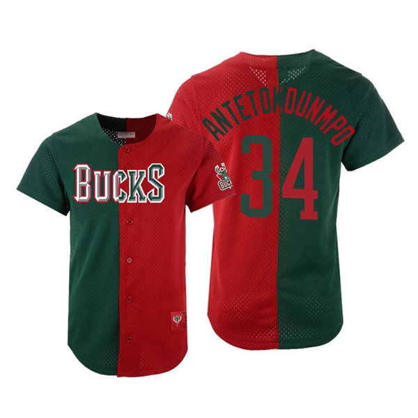 Mens Milwaukee Bucks #34 Giannis Antetokounmpo Nike Green Red Split Mesh Button Baseball Jersey