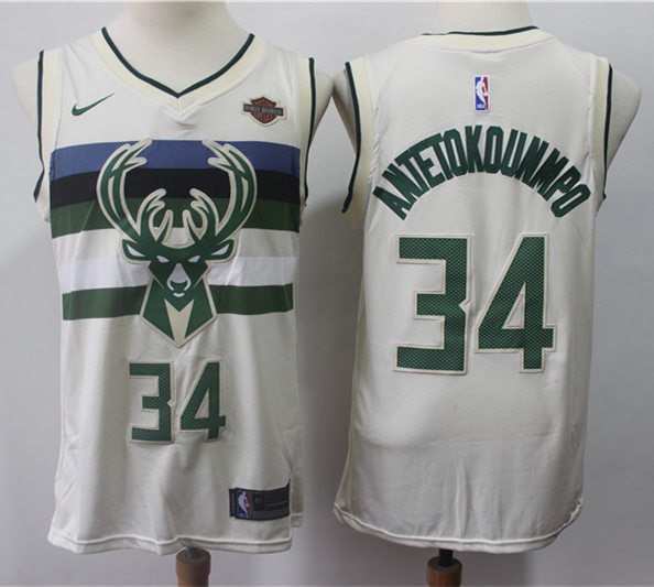 Mens Milwaukee Bucks #34 Giannis Antetokounmpo Cream Nike 2017-18 City Edition Jersey