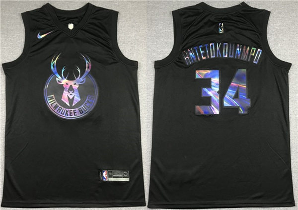 Mens Milwaukee Bucks #34 Giannis Antetokounmpo Black Raibow Number Fashion Jersey