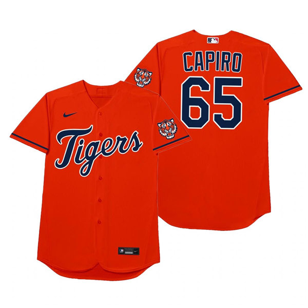 Mens Detroit Tigers #65 Gregory Soto Nike Orange 2021 Players' Weekend Nickname Capiro Jersey