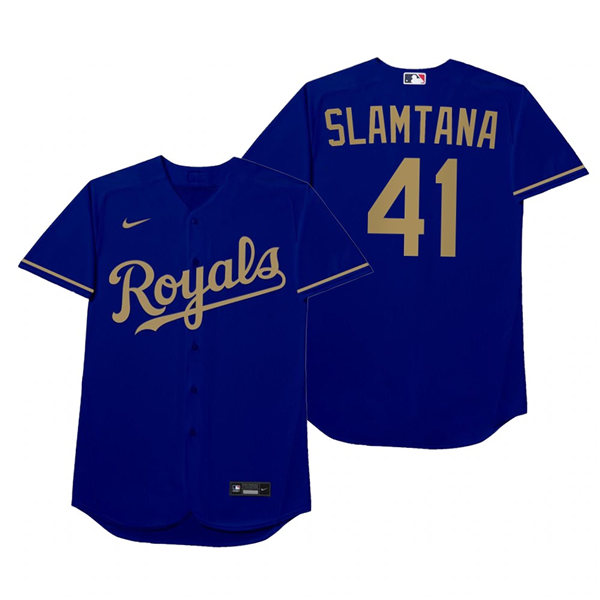 Mens Kansas City Royals #41 Carlos Santana Blue 2021 Players' Weekend Nickname Slamtana Jersey