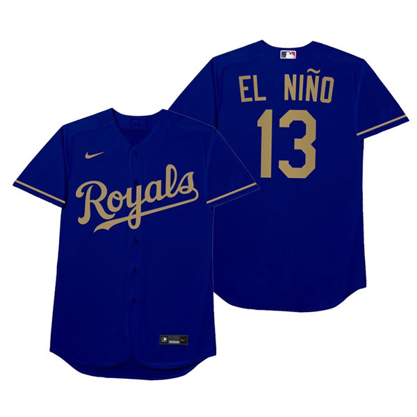 Mens Kansas City Royals #13 Salvador Perez Blue 2021 Players' Weekend Nickname El Nino Jersey