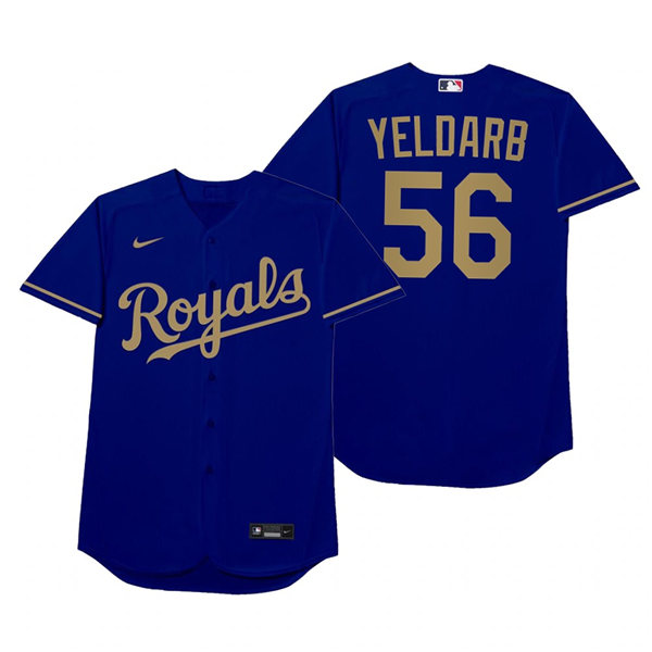 Mens Kansas City Royals #56 Brad Keller Blue 2021 Players' Weekend Nickname Yeldarb Jersey