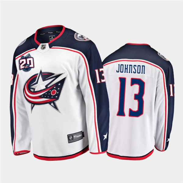 Mens Columbus Blue Jackets #13 Kent Johnson adidas Away White Stitched NHL Jersey