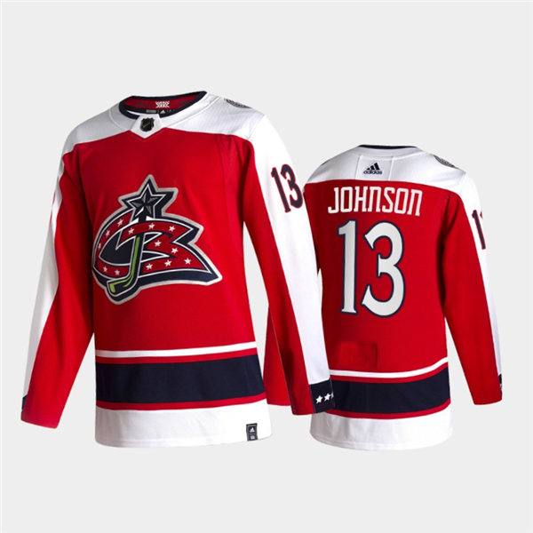 Mens Columbus Blue Jackets #13 Kent Johnson Adidas Red 2021 NHL Season Reverse Retro Jersey