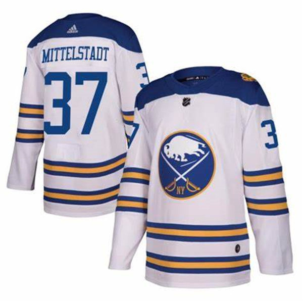Mens Buffalo Sabres #37 Casey Mittelstadt Adidas White Royal Away Premier Jersey