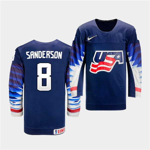 Mens USA Team #8 Jake Sanderson Stitched 2021 IIHF World Junior Championship Away Navy Jersey