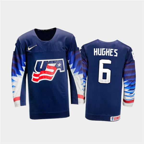 Mens USA Team #6 Luke Hughes Stitched 2021 IIHF World Junior Championship Away Navy Jersey