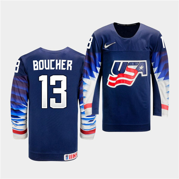 Mens USA Team #13 Tyler Boucher Stitched 2021 IIHF World Junior Championship Away Navy Jersey