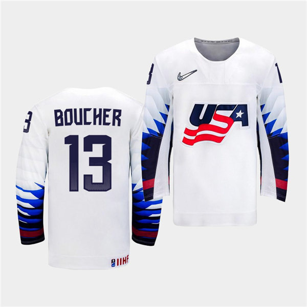 Mens USA Team #13 Tyler Boucher Stitched 2021 IIHF World Junior Championship Home White Jersey