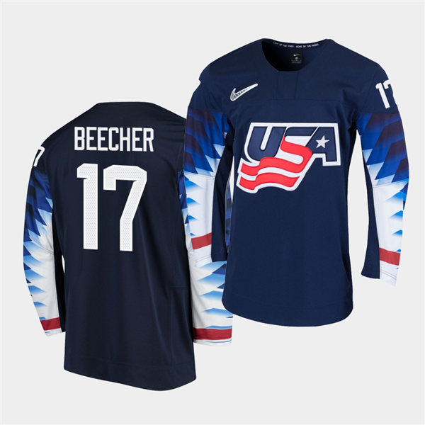 Mens USA Team #17 John Beecher Stitched 2021 IIHF World Junior Championship Away Navy Jersey