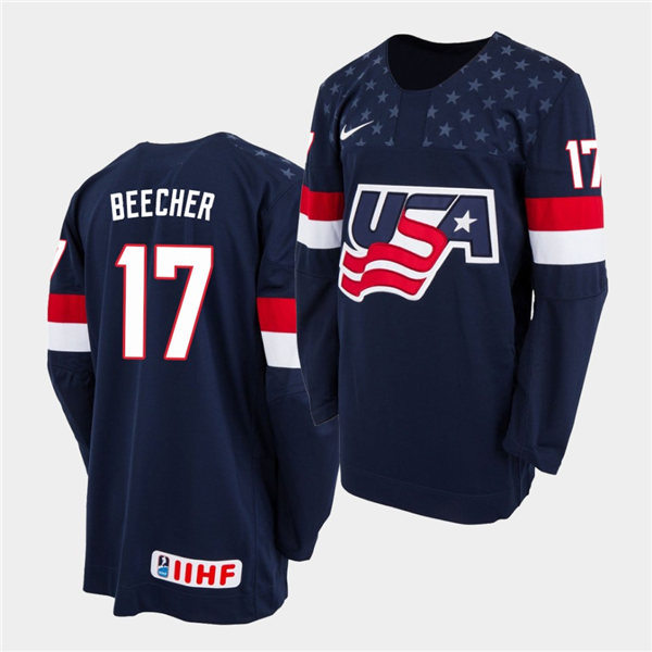 Mens IIHF USA Hockey Team U18 #17 John Beecher Nike 2020 Navy Away Jersey