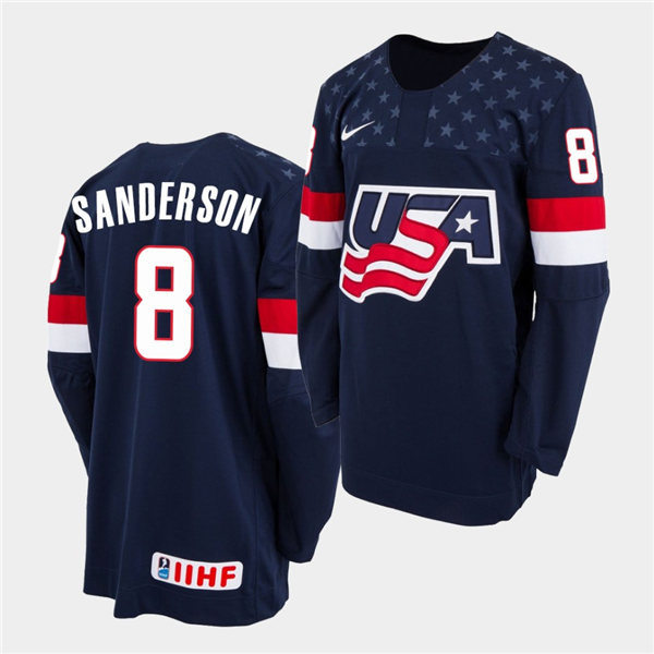 Mens IIHF USA Hockey Team U18 #8 Jake Sanderson Nike 2020 Navy Away Jersey