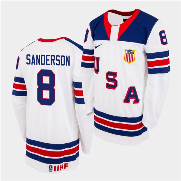 Mens IIHF USA Hockey Team U18 #8 Jake Sanderson Nike 2020 White Home Jersey