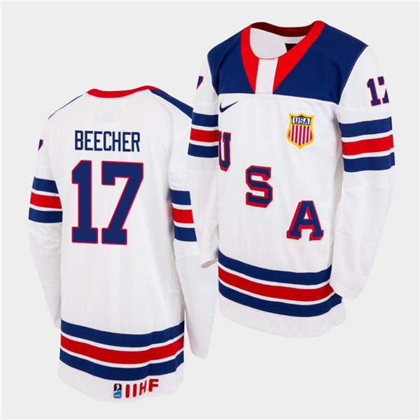 Mens IIHF USA Hockey Team U18 #17 John Beecher Nike 2020 White Home Jersey