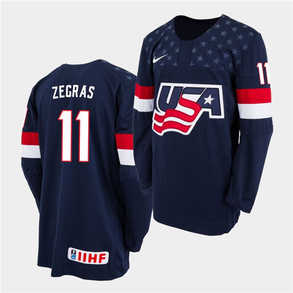 Mens IIHF USA Hockey Team U18 #11 Trevor Zegras Nike 2020 Navy Away Jersey