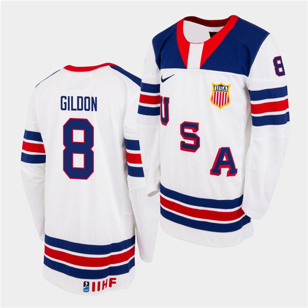 Mens IIHF USA Hockey Team U18 #8 Michael Gildon Nike 2020 White Home Jersey
