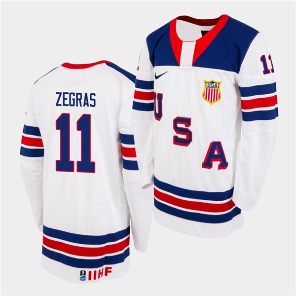 Mens IIHF USA Hockey Team U18 #11 Trevor Zegras Nike 2020 White Home Jersey