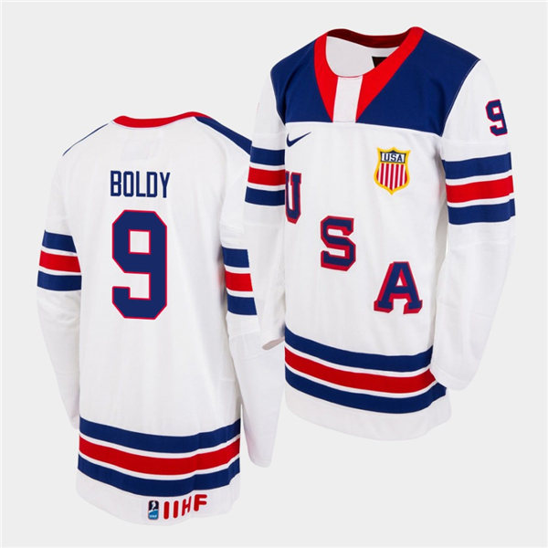 Mens IIHF USA Hockey Team U18 #9 Matthew Boldy Nike 2020 White Home Jersey