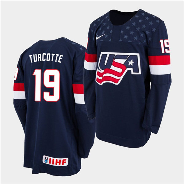 Mens IIHF USA Hockey Team U18 #19 Alex Turcotte Nike 2020 Navy Away Jersey