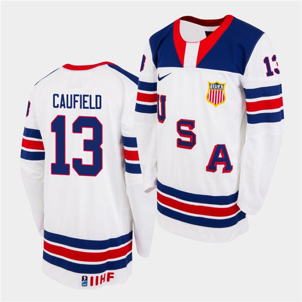 Mens IIHF USA Hockey Team U18 #13 Cole Caufield Nike 2020 White Home Jersey