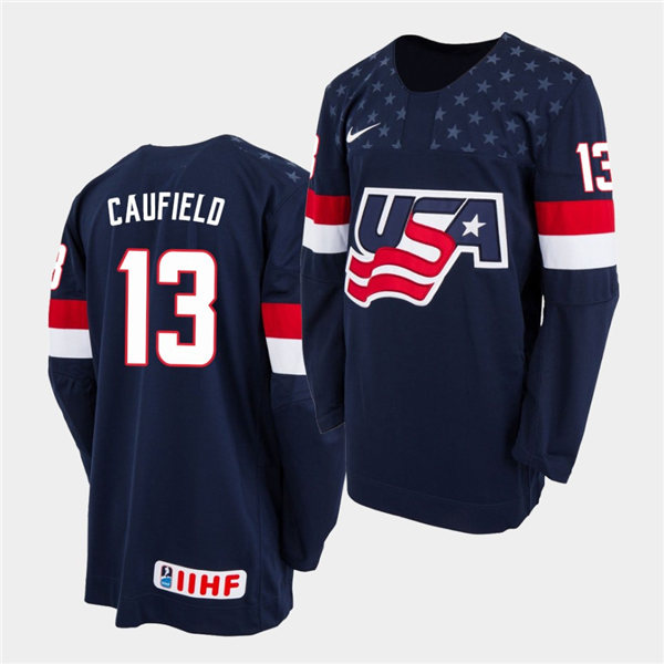 Mens IIHF USA Hockey Team U18 #13 Cole Caufield Nike 2020 Navy Away Jersey