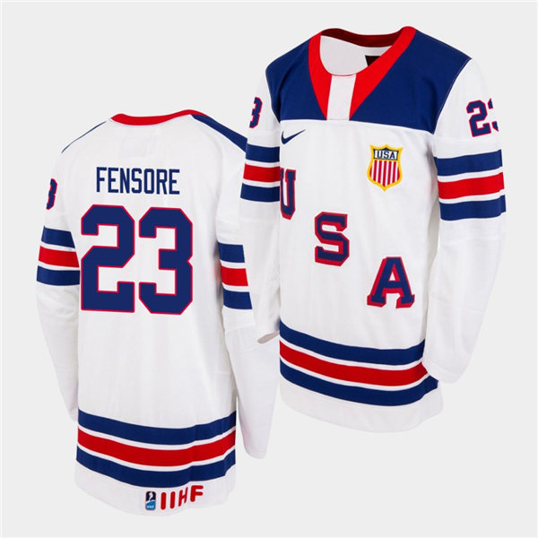 Mens IIHF USA Hockey Team U18 #23 Domenick Fensore Nike 2020 White Home Jersey