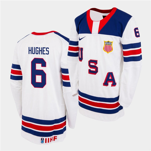 Mens IIHF USA Hockey Team U18 #6 Jack Hughes Nike 2020 White Home Jersey