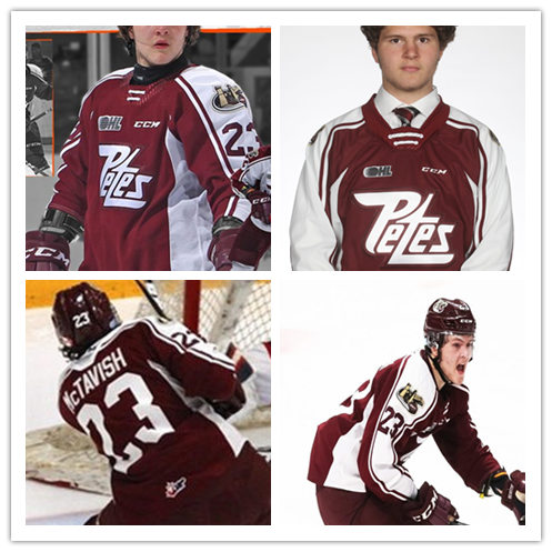 Mens Peterborough Petes #23 Mason McTavish CCM Maroon OHL Hockey Jersey