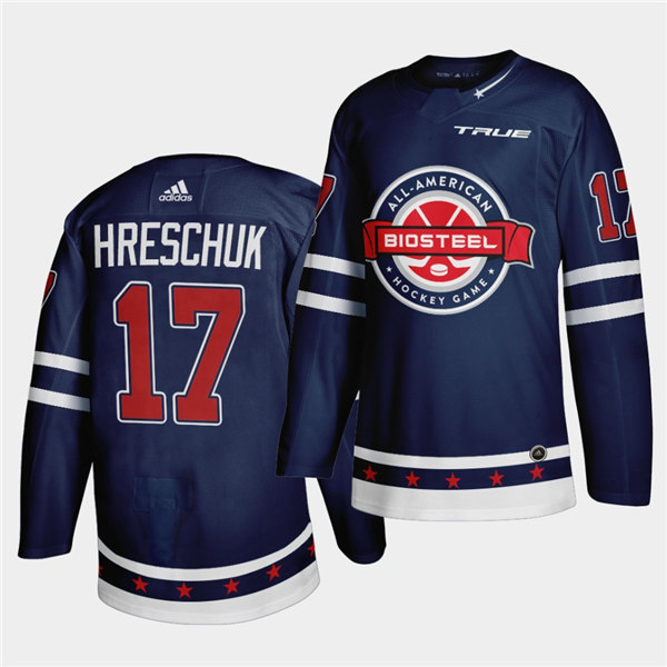 Mens BioSteel All-American Hockey #17 Aidan Hreschuk Adidas 2021 Navy Game Jersey