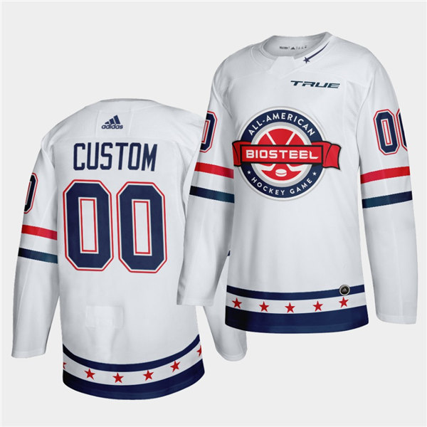 Mens BioSteel All-American Hockey Custom Alex Turcotte Brady Tkachuk Quinn Hughes Casey Mittelstadt Adidas White Game Jersey