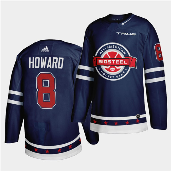Mens BioSteel All-American Hockey #8 Isaac Howard Adidas 2021 Navy Game Jersey

