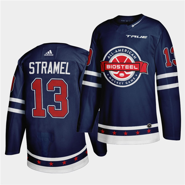 Mens BioSteel All-American Hockey #13 Charlie Stramel Adidas 2021 Navy Game Jersey